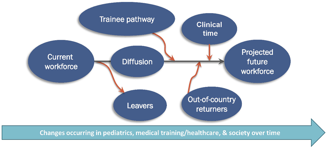 Flowchart depicting a model of health workforce dynamics, focusing on the transition of individuals through the workforce. The model starts with the 'Current workforce', which undergoes 'Diffusion', a process influenced by the 'Trainee pathways' and 'Clinical time'. Concurrently, 'Leavers' and 'Out-of-country returners' represent exit and re-entry points affecting the workforce size. This diffusion leads to the 'Projected future workforce', illustrating the expected composition over time. The process reflects ongoing changes in pediatrics, medical training, healthcare, and societal shifts.