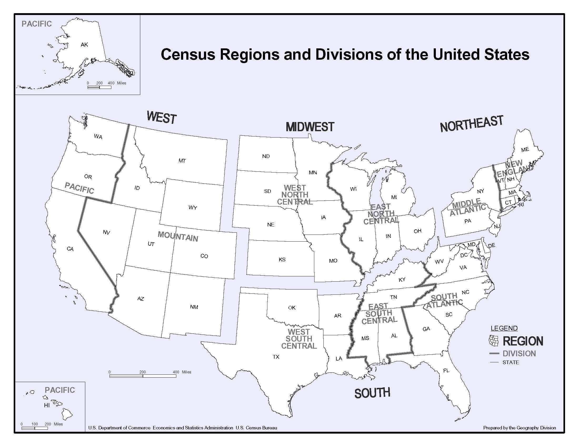 A map of the United States of American showing Census Regions and Divisions.